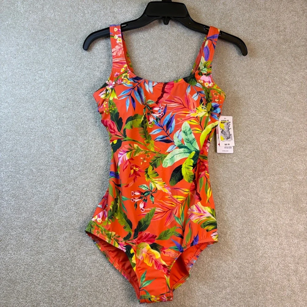 Lands End Swimsuit Women 8 Orange Tropical Floral One Piece Swimwear NEW‎